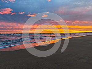 Sunrise over the sea on an empty beach in Montesilvano, Abruzzo