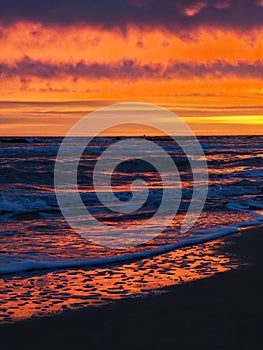 Sunrise over the sea on an empty beach in Montesilvano, Abruzzo