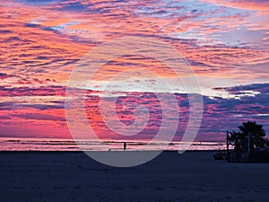 Sunrise over the sea on an empty beach in Montesilvano, Abruzzo