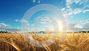 Sunrise over serene countryside vibrant wheat fields and fluffy white clouds in clear blue sky