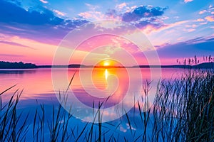 sunrise over a serene lake, with vibrant colors painting the sky