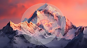 Sunrise over snow-capped Mountain Peak with Orange and Pink Sky