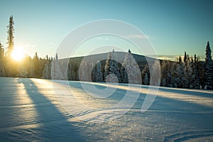 Sunrise over snowy fields, Rabbit Ears Pass, Steamboat Springs, Colorado