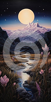 Sunrise Over Stream And Mountains: A Beautiful Painting In The Style Of Cristina Mcallister And Angus Mckie
