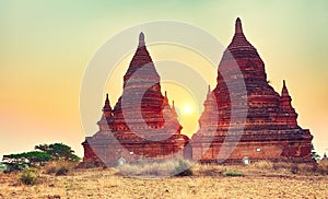 Sunrise over the temple, Bagan. Myanmar.