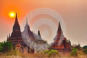 Sunrise over the temple, Bagan. Myanmar.