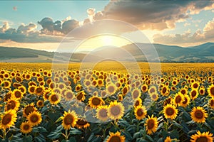 Sunrise over vast fields of sunflowers turning towards the morning sun. AI generated.