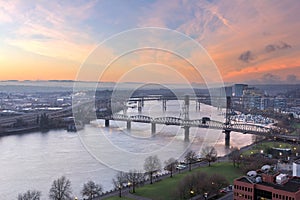 Sunrise Over Willamette River in Portland Oregon