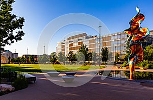 Sunrise over \'The Wind\' Sculpture by Yinka Shonibare, on Gene Leahy Mall at The Riverfront Omaha Nebraska USA