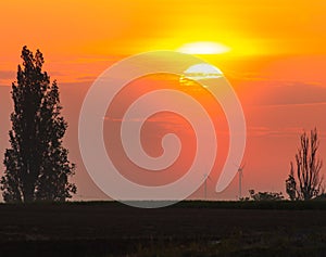 Sunrise over wind turbines in the distance beyond a farm field