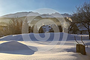 Sunrise over Zakopane in winter, Tatras mountains in Poland