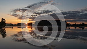 Sunrise panorama with clouds and water reflections