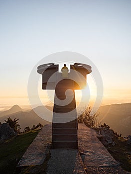 Sunrise panorama of Mirador El Fitu Del Fito viewpoint stairs Caravia Baja Picos de Europa mountains Asturias Spain