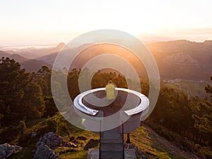 Sunrise panorama of Mirador El Fitu Del Fito viewpoint stairs Caravia Baja Picos de Europa mountains Asturias Spain