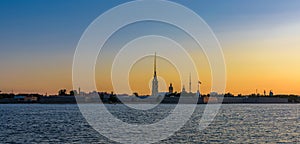 Sunrise panorama of Petropavlovskaya Peter and Paul fortress and orthodox Peter and Paul Cathedral on Zayachy Island after