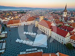 Sunrise panorama of Piata Mare in Sibiu, Romania