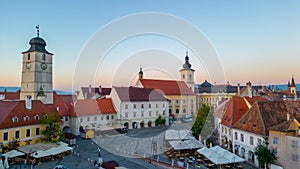 Sunrise panorama of Piata Mica in Sibiu, Romania