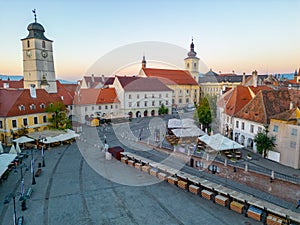 Sunrise panorama of Piata Mica in Sibiu, Romania