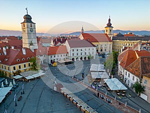 Sunrise panorama of Piata Mica in Sibiu, Romania