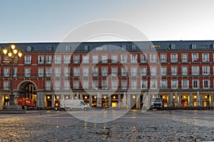 Sunrise panorama of Plaza Mayor in Madrid, Spain