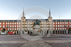 Sunrise panorama of Plaza Mayor in Madrid, Spain