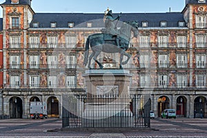 Sunrise panorama of Plaza Mayor in Madrid, Spain