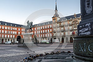 Sunrise panorama of Plaza Mayor in Madrid, Spain