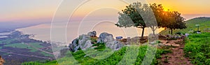 Sunrise panorama of the Sea of Galilee, from Mount Arbel