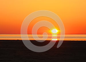 Sunrise Panorama view to Aral sea from the rim of Plateau Ustyurt near Aktumsuk cape in Karakalpakstan, Uzbekistan