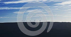 Sunrise panorama of wind turbines farm park on mountain hill top near Mondim de Basto Vila Real Norte Region Portugal