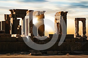 Sunrise in Persepolis. Iran. Ancient Persia. Sunrise and sunset background