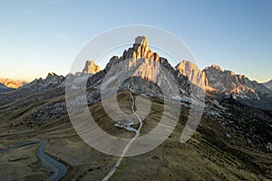 Sunrise photo of mountain Nuvolau Averau, Passo Giau in Dolomites, Italy