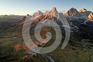 Sunrise photo of mountain Nuvolau Averau, Passo Giau in Dolomites, Italy