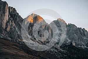 Sunrise photo of mountain Nuvolau Averau, Passo Giau in Dolomites, Italy