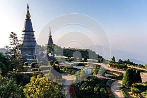 Sunrise at Phra Mahathat. Two chedis - Naphamethinidon and Naphaphonphumisiri, near the summit of Doi Inthanon. These