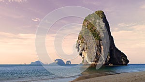 Sunrise on Phra Nang Beach, view of Koh Rang Nok Island, the Andaman Sea, Krabi, Thailand