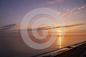 Sunrise in the pinkish sky at Tokyo bay , Japan in autumn.