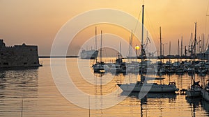 Sunrise at Port. Boats and ship in the port.