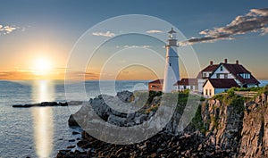 Sunrise at Portland Lighthouse in Cape Elizabeth, Maine, USA.