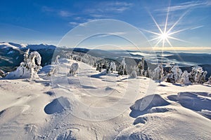 Sunrise from Raztocka Hola in Low Tatras during winter