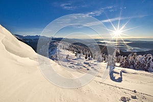 Sunrise from Raztocka Hola in Low Tatras during winter