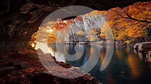 Sunrise At Red Leaf Lake: A Captivating Uhd Image Of A Cave With Amber And Azure Hues