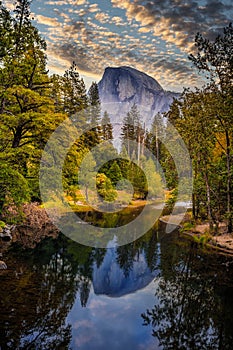 Sunrise Reflections on Half Dome and the Merced River, Yosemite National Park, California