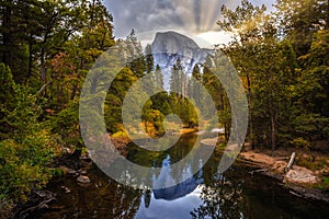 Sunrise Reflections on Half Dome and the Merced River, Yosemite National Park, California