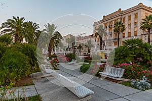 Sunrise at Riva promenade in Split with Marjan hill, Croatia