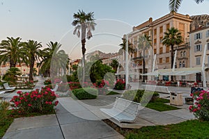 Sunrise at Riva promenade in Split with Marjan hill, Croatia