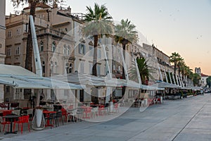 Sunrise at Riva promenade in Split with Marjan hill, Croatia