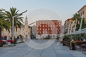 Sunrise at Riva promenade in Split with Marjan hill, Croatia