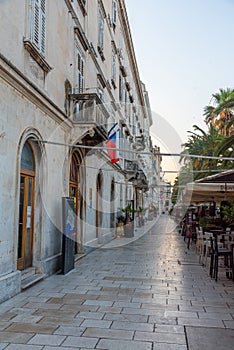 Sunrise at Riva promenade in Split with Marjan hill, Croatia