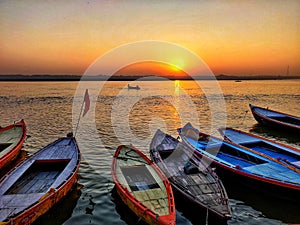 Sunrise by the river Ganges in Varanasi, India